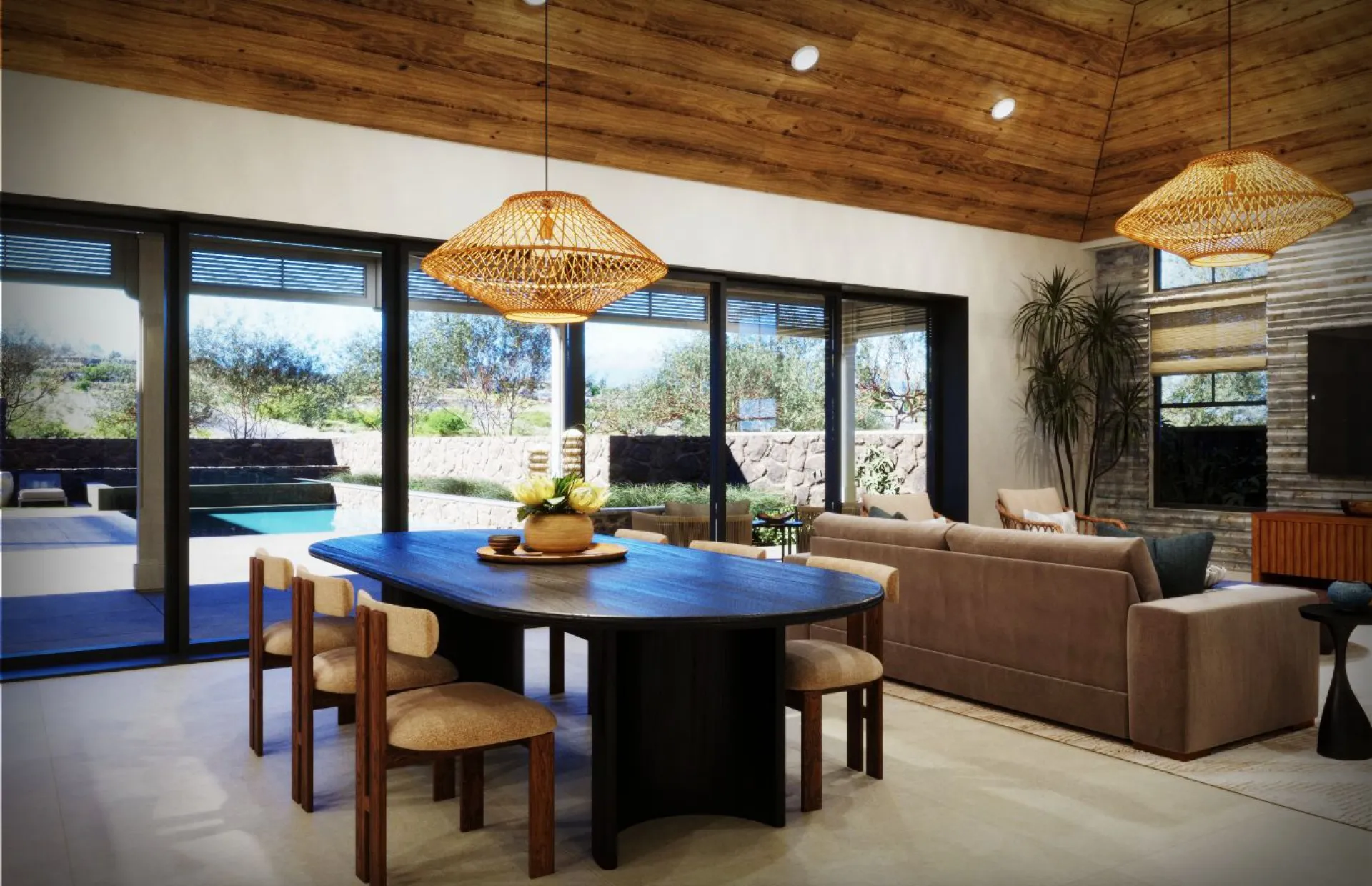 Modern living room with dining table, large windows, and pool view.